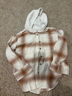 Old Navy Cream & Brown Plaid Hooded Button-Down Shirt
